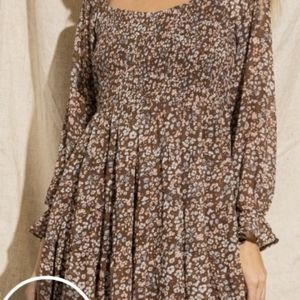 Chocolate brown dress with blue flowers